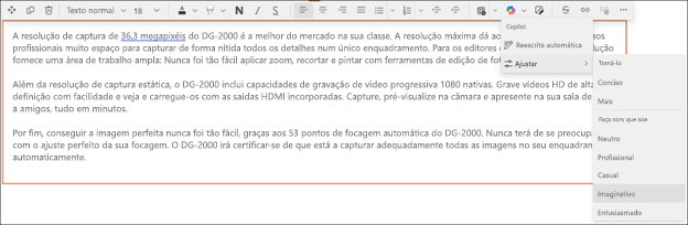 Exemplo de alteração do tom do texto sugerido no copilot no sharepoint - antes