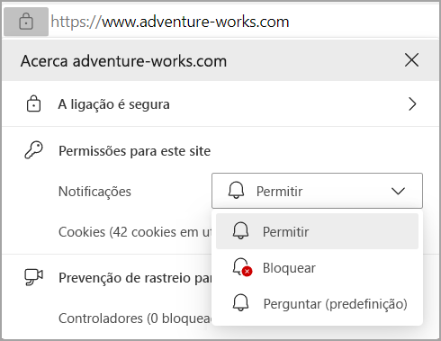 Imagem a mostrar as permissões de Notificações na barra de endereço do browser do Edge. 