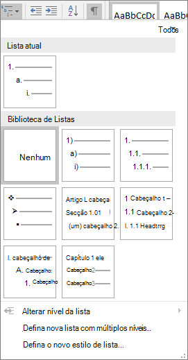 Selecione o botão Lista com Múltiplos Níveis para adicionar numeração a um estilo de cabeçalho incorporado, por exemplo, Cabeçalho 1, no cabeçalho do documento.