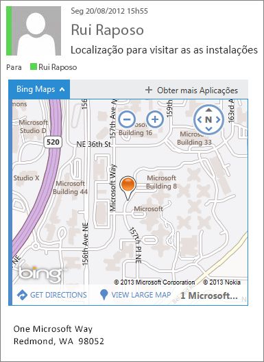 Mensagem de e-mail com a aplicação Mapas Bing a mostrar uma morada num mapa