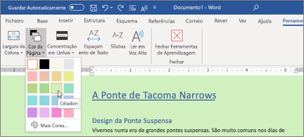Um documento do Word com um fundo verde e o selecionador de cores de página aberto
