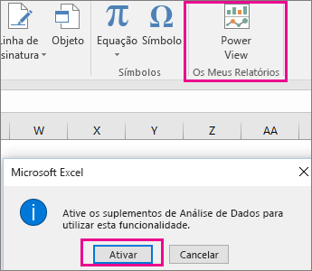 Botão e caixa de diálogo Vista Dinâmica Personalizada a ativar o suplemento no Excel