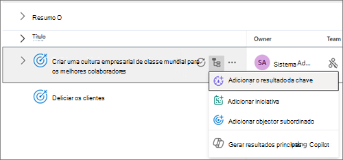 Captura de ecrã a mostrar um objetivo com a opção Adicionar resultado de chave selecionada.