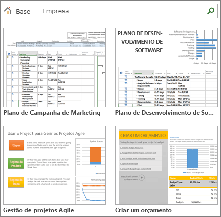 Captura de ecrã de modelos de planos de projeto na categoria Empresa.