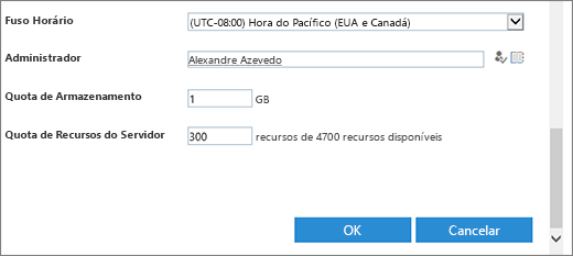 Novo diálogo de recolha de site com secção de timezone e quotas.