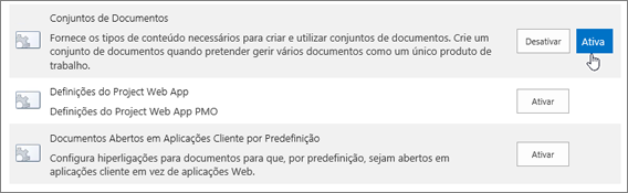 Exemplos das funcionalidades da Coleção deItes que pode ativar para o SharePoint