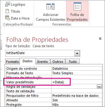 Folha de Propriedades com o Valor Predefinido definido para Data().