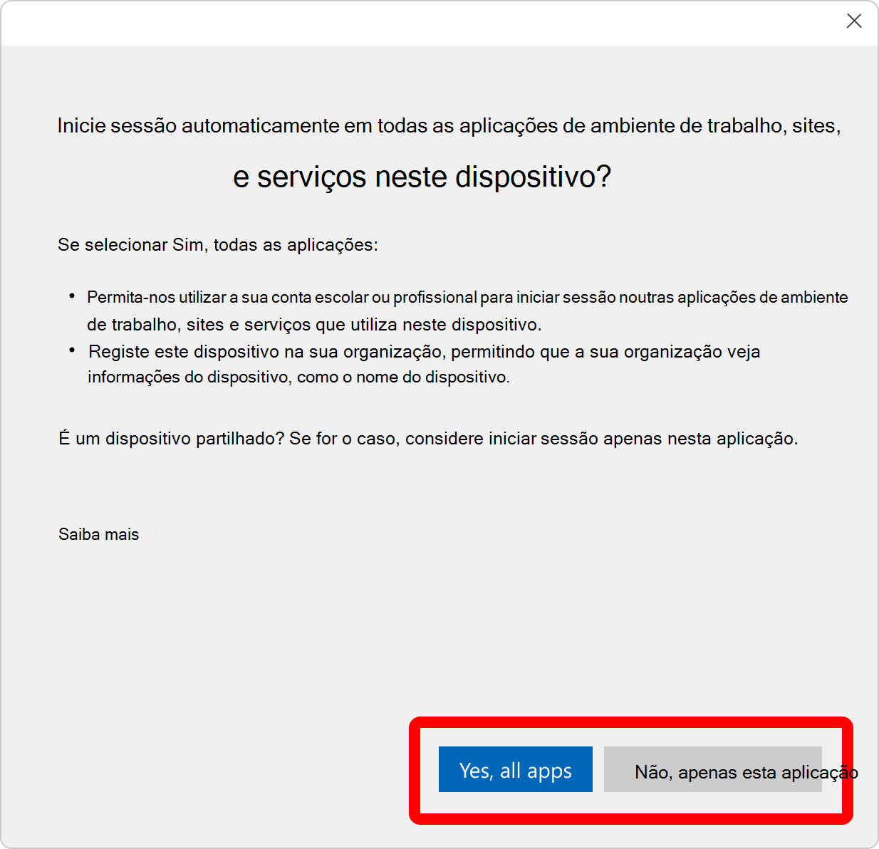 Captura de ecrã a mostrar a caixa de diálogo de registo do dispositivo.