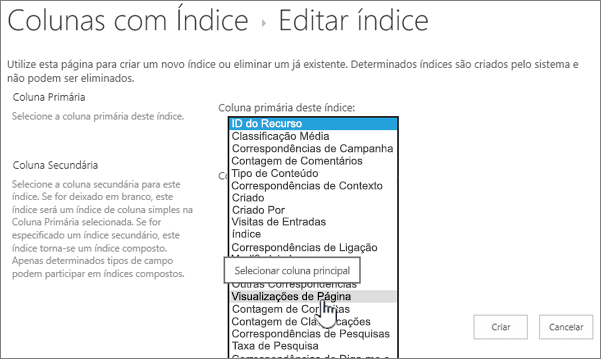 Editar página de índice remissário com a coluna selecionada na caixa de lista larga