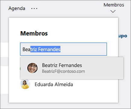 Captura de ecrã da lista Membros ao introduzir o nome de um novo membro do plano.