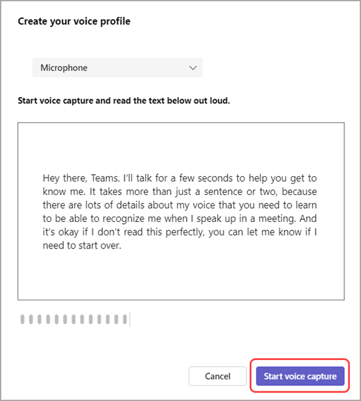 Inicie uma captura de voz nas definições do Teams.