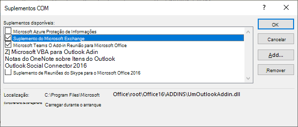 A janela do suplemento coms do Outlook está aberta.