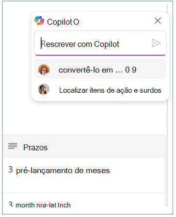 Captura de ecrã a mostrar o histórico de pedidos do Copilot do Loop que envolve dois colegas de equipa