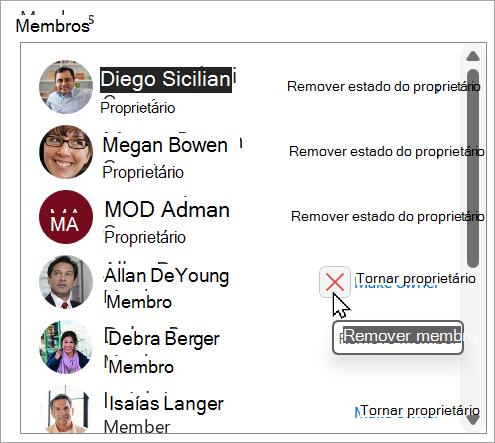 Na caixa Membros, pode remover o estado do proprietário, tornar um membro proprietário ou eliminar um membro.