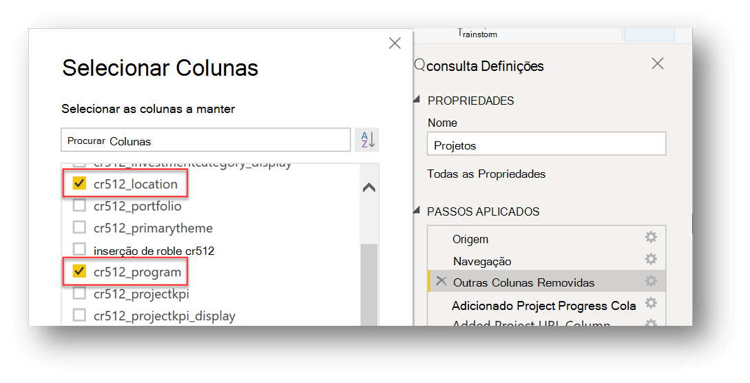 Este é um exemplo de como escolher colunas a adicionar no editor de consultas. As colunas que estão a ser adicionadas neste exemplo são denominadas cr512_location e cr512_program. 
