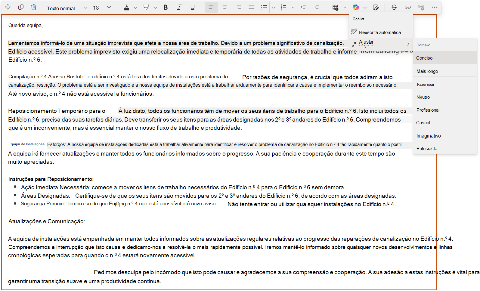 Captura de ecrã de um texto extenso no editor de texto formatado do sharepoint.