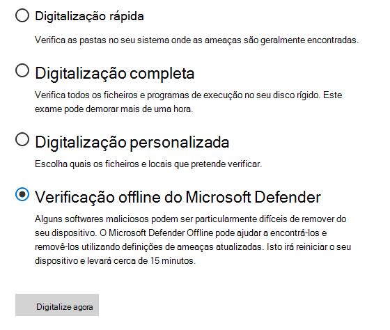 A caixa de diálogo Opções de análise a mostrar Microsoft Defender análise offline selecionada.