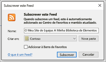 Caixa de diálogo Subscrever RSS onde pode alterar as pastas de destino dos feeds