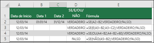 Exemplos de utilização da função SE com E, OU e NÃO para avaliar datas