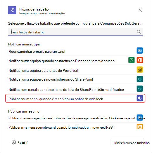 Captura de ecrã a mostrar modelos de fluxo de trabalho