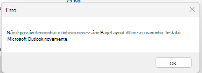 Captura de ecrã da mensagem de erro "Não é possível localizar o ficheiro necessário PageLayout.dll"