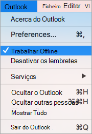Mostra a opção Trabalhar Offline selecionada no menu do Outlook