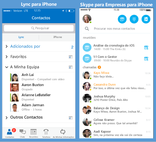 Imagens de tela lado a lado de Lync e Skype para negócios