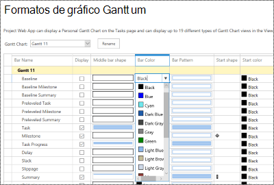 Página de formatação Gantt no Project Online.