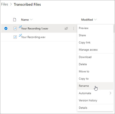 Interface de ficheiro do OneDrive com a gravação realçada e a opção Rename realçada no menu de contexto