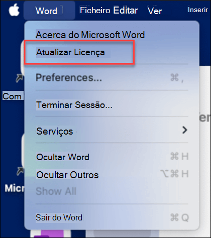 Localizar o botão Atualizar Licença no Microsoft Word no MacOS.