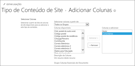 Adicione as colunas existentes ao tipo de conteúdo