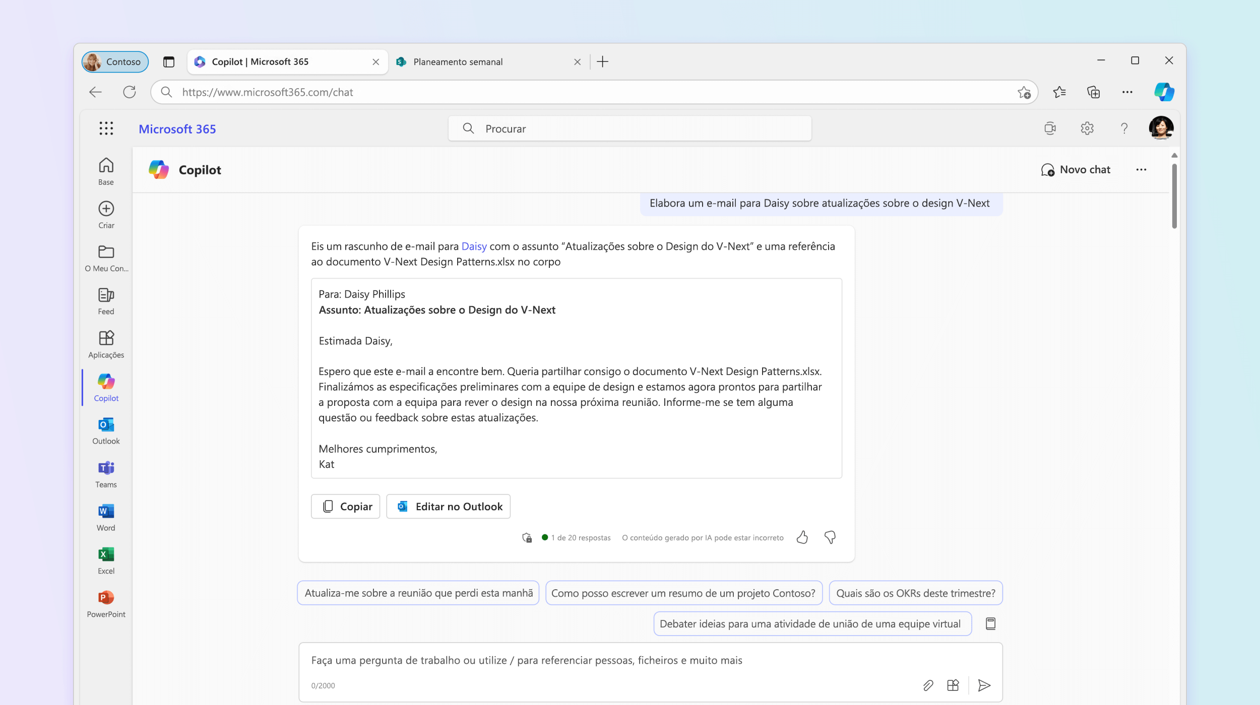 Captura de ecrã a mostrar o Microsoft 365 Chat a redigir um e-mail.