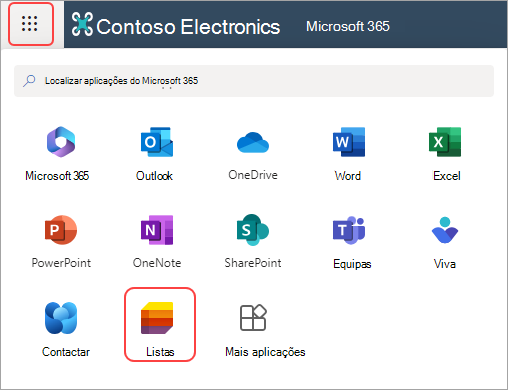 Captura de ecrã da Aplicação Iniciador de Aplicações e Listas no Microsoft 365.