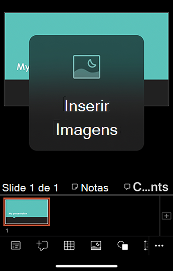 Captura de ecrã do botão Inserir Imagens no PowerPoint.