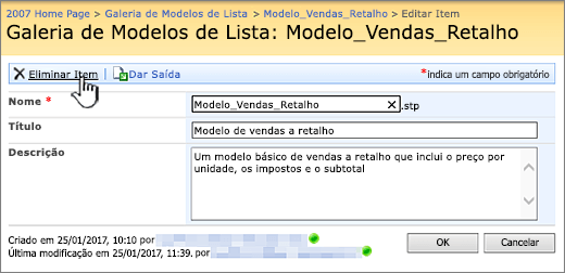 Editar a página do modelo da lista com a eliminação realçada.