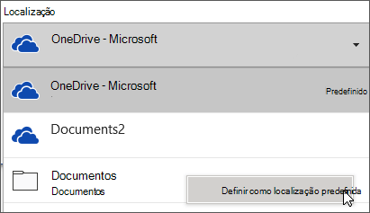O diálogo 'Guardar ficheiros' no Office 365 mostrando a lista de pastas expandida para que o cliente possa alterar a pasta de poupança predefinida