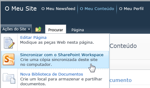 Comando Sincronizar com o SharePoint Workspace no menu Ações do Site