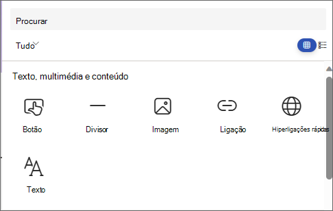 Captura de ecrã do painel para selecionar uma peça Web, com Botão, Separador, Imagem, Ligação, Ligações rápidas e Texto.