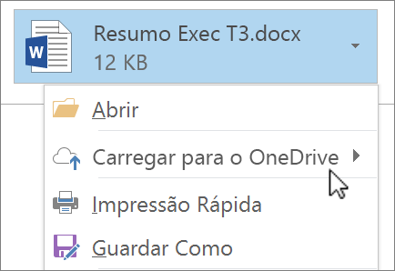 Captura de ecrã da janela de composição do Outlook a mostrar um ficheiro anexado com o comando Carregar selecionado.