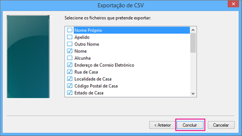 Selecione os campos que pretende exportar para o ficheiro CSV e, em seguida, selecione Concluir.