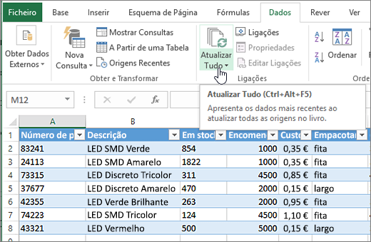 Folha de cálculo do Excel com a lista importada e o botão Atualizar Tudo realçados.