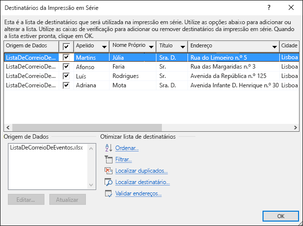 Caixa de diálogo Destinatários da Impressão em Série que mostra os conteúdos de uma folha de cálculo do Excel utilizada como uma origem de dados para uma lista de correio