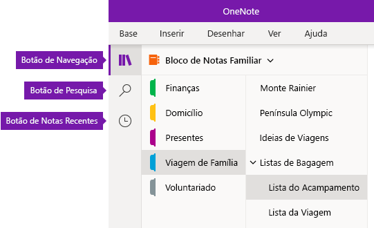 Barra de navegação no OneNote para Windows 10