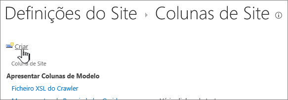 O botão Criar na página de colunas do site