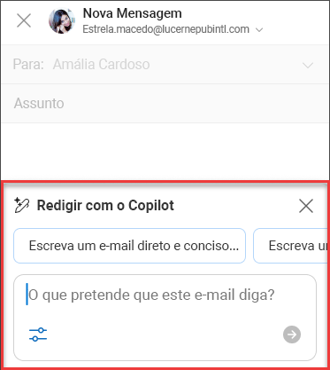 Texto "O que pretende que este e-mail diga" de Redigir com o Copilot no Outlook