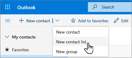 Captura de ecrã do menu Novo contacto com a opção Nova lista de contactos selecionada