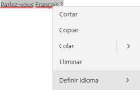 Texto em francês selecionado a mostrar o menu contextual de como definir o idioma.