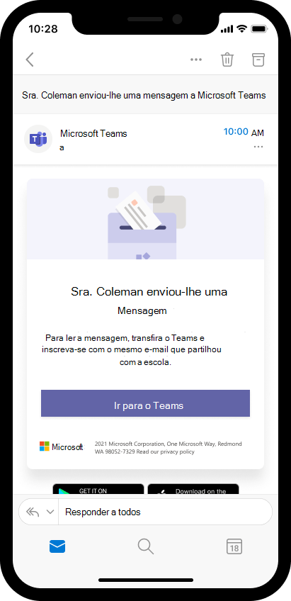 Captura de ecrã de um e-mail num dispositivo móvel a convidar um dos pais para abrir a mensagem do educador Teams. 