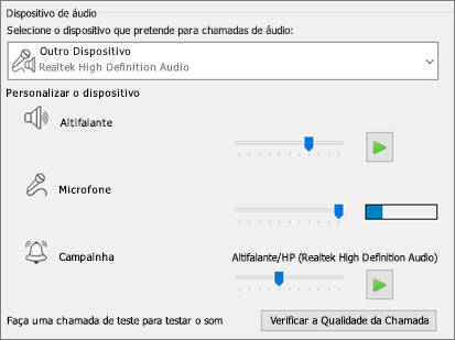 Definições personalizadas (altifalante, microfone, toque) para dispositivo de áudio
