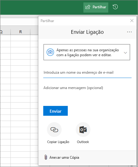 Caixa de diálogo e ícone Partilhar no Excel